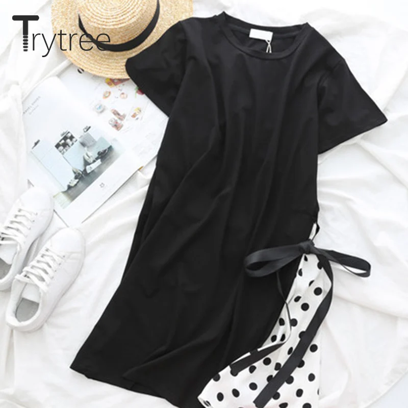 Trytree/2019 летнее женское платье повседневное с круглым вырезом поясом бантом