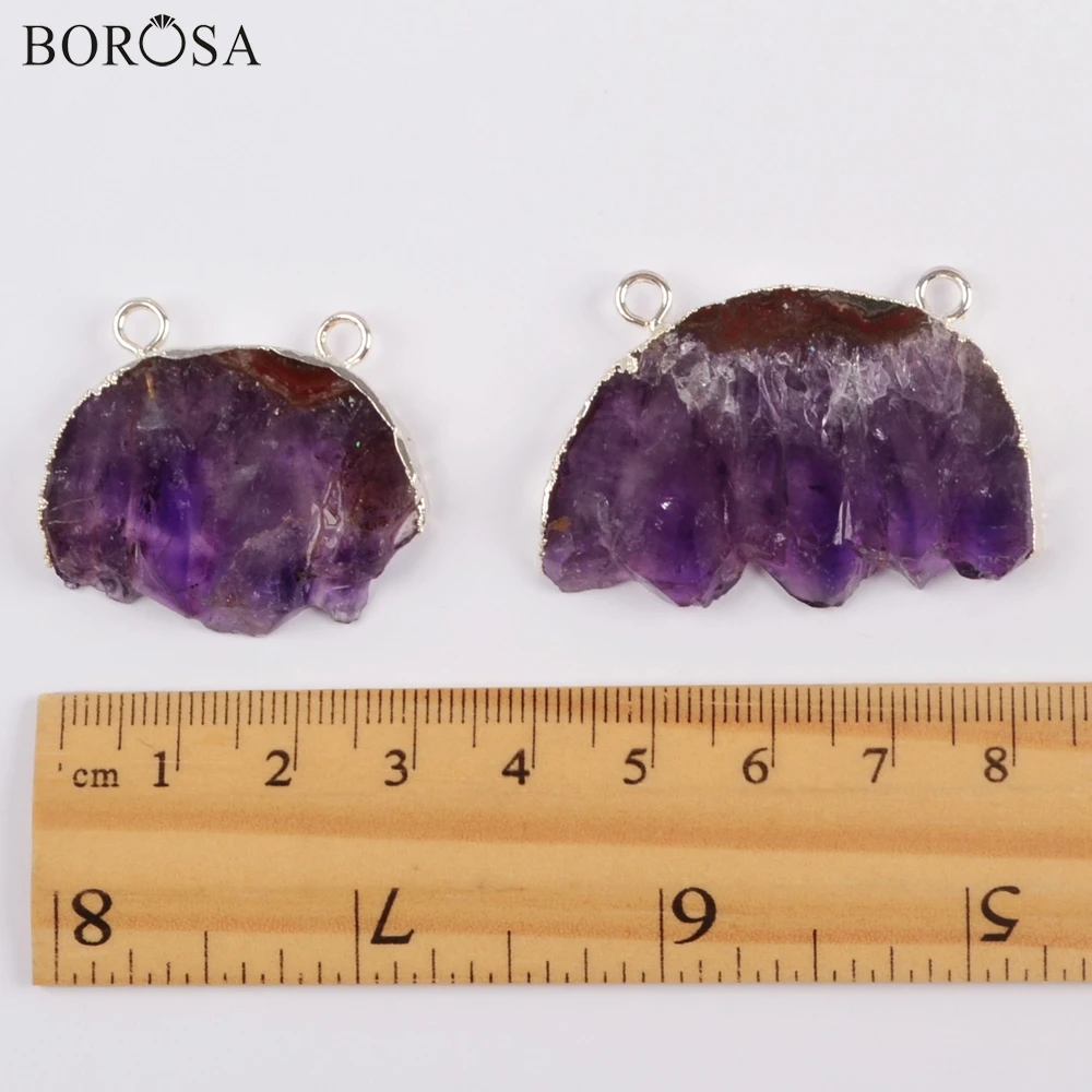 

BOROSA 5/10PCS Silver Color Natural Amethysts Druzy Slice Connector Gems Natural Purple Crystal Drusy for Necklace Jewelry S1831
