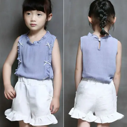 2 шт. детский топ без рукавов с оборками и шортами|Комплекты одежды для девочек| |