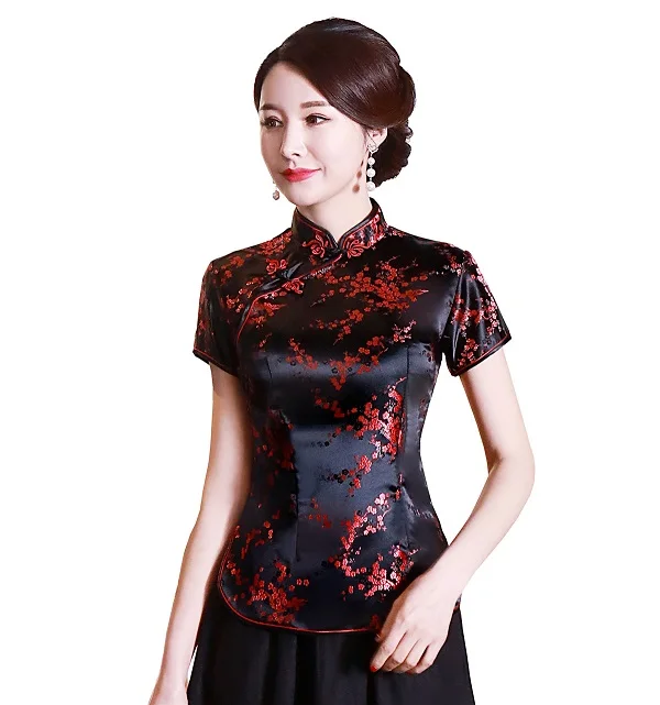 Flower Black Red Шанхай история короткие Cheongsam Топ Традиционный китайский искусственный шелк/Атласный топ Дракон и Феникс Вышивка Блузка Топ Qipao рубашка - Цвет: Flower Black Red