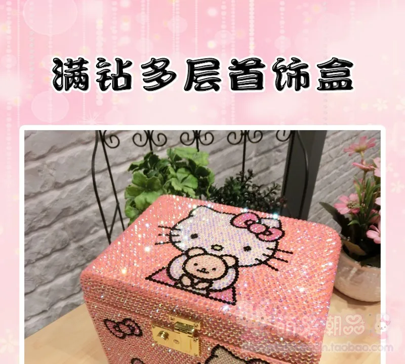 Полностью ручная работа Hello Kitty со стразами деревянная коробка для украшений с замком Многослойные контейнеры для хранения бусин органайзер для ящиков