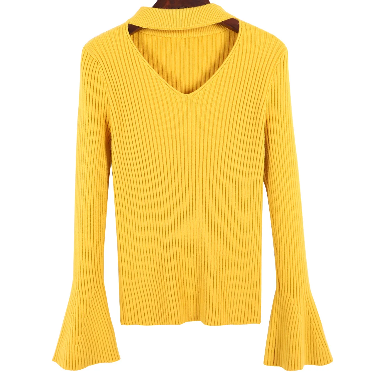 Женские вязаные свитера с расклешенными рукавами и v-образным вырезом эластичные