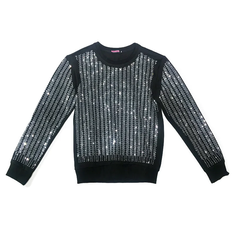 Мужской и женский полосатый пуловер со стразами с круглым вырезом длинным