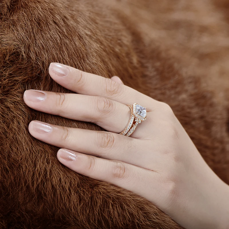 AINUOSHI 3 карата огранка камня «asscher Cut» Halo Кольцо Набор обручальное кольцо с искусственным бриллиантом Свадебный набор серебряных колец ювелирные изделия для женщин