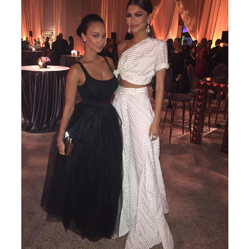 European and American Fashion Women Dress Suits Two Piece Crop Top Set Black Gauze Longuette | Женская одежда