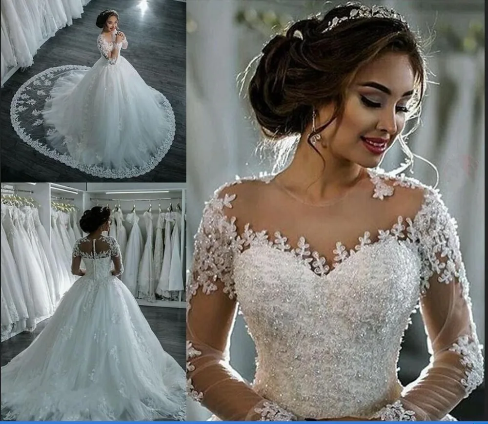 Luxury Applique Crystal Wedding Dresses With Gorgeous O Neck Long Sleeve Covered Button Back Sweep Train Bridal Gown 2017 New | Свадьбы и