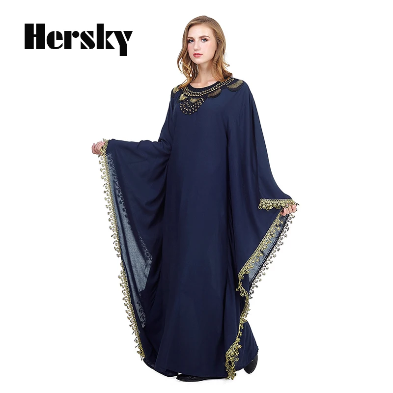Middle East Dubai Loose Abaya Kaftan Turkish Muslim Embroidery Dress Islamic Women Bat Sleeve Navy Dresses Clothing Plus Size |