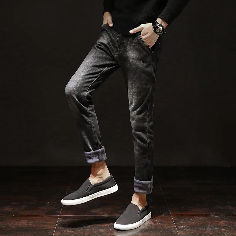 Мужские зимние стрейч Утолщаются Джинсы для женщин с теплым начесом удобная и