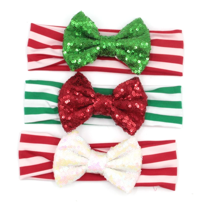 

2Pcs/lot Christmas Gift Headband 4'' Big Sequin Bow Striped Elastic Headband For Girls & Kids Christmas Hair Accessories