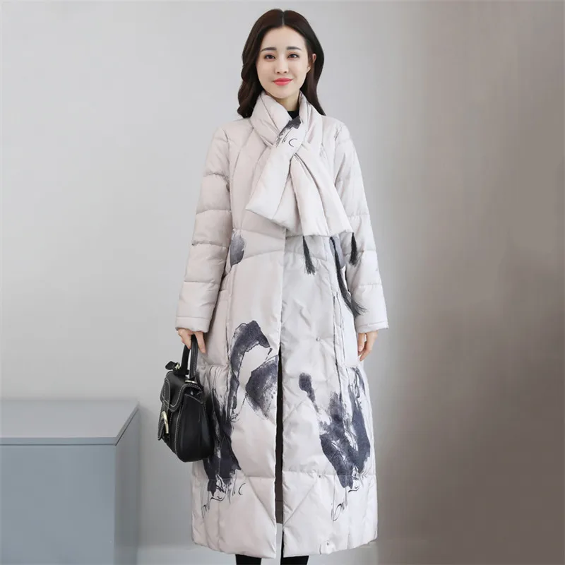 Зимняя женская куртка пуховик 2018 Новая мода дамское ретро пальто с принтом