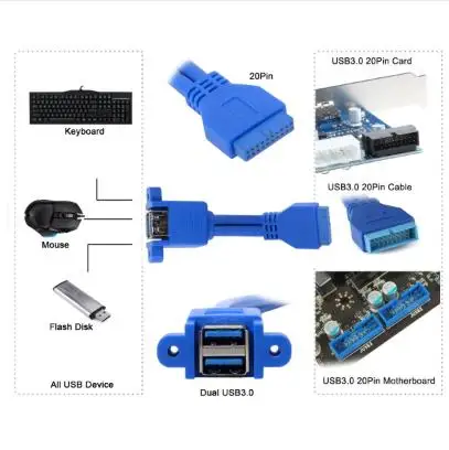 

USB 3.0 Female Panel Type Dual Ports to Motherboard 20Pin Header Stackable Extending Cord Adapter Converter Cable 50cm