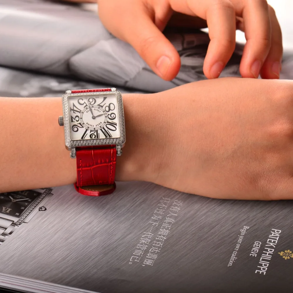 Новинка 2017 года Дизайн Риф Тигр/RT Мода часы площади Нержавеющая сталь бриллианты