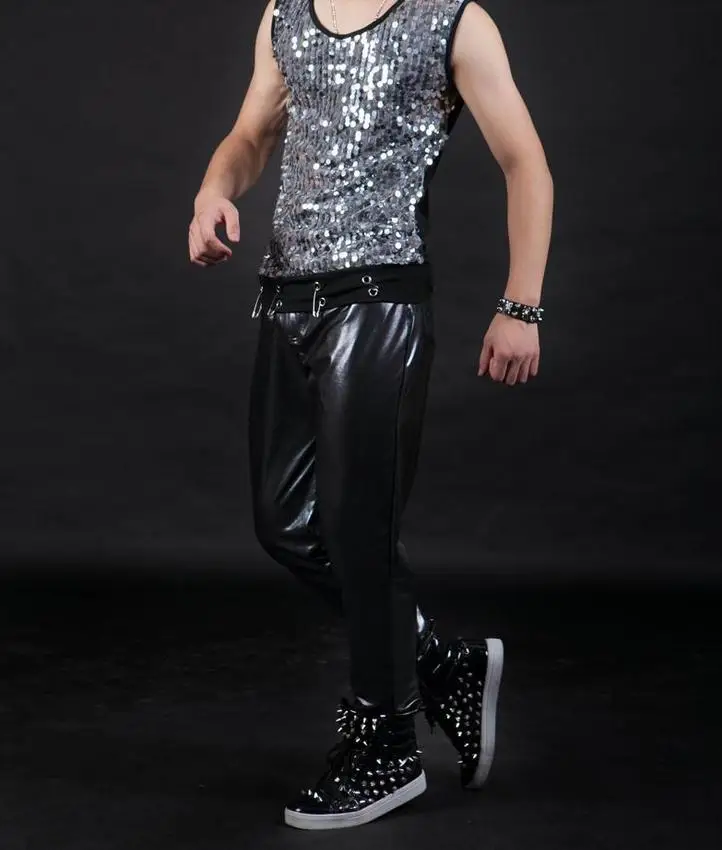 Оригинальные черные певицы костюмы 1 искусственная кожа штаны для мужчин мужские