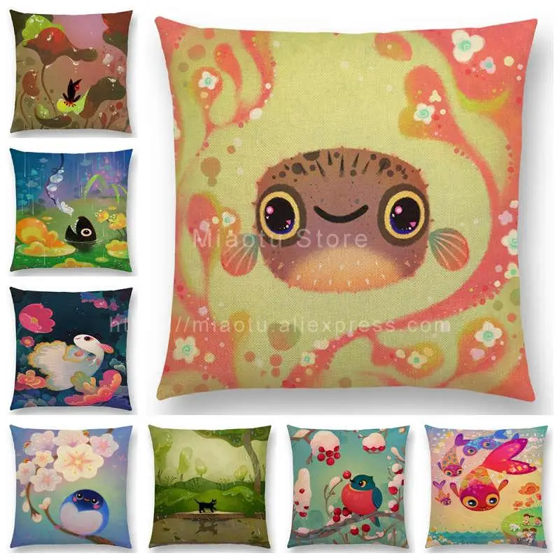 

Super Cute Cartoon Animals Pufferfish Cushion Cover Lovely Bird Sweet Nest Interesting Fish Cat Frog Fox Throw Pillow Case