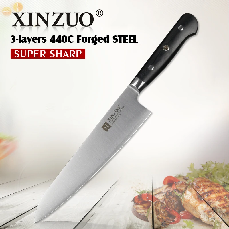 XINZUO 8 ''повар Ножи ручной работы три Слои 440C одетый Сталь Кухня ножей G10 ручка