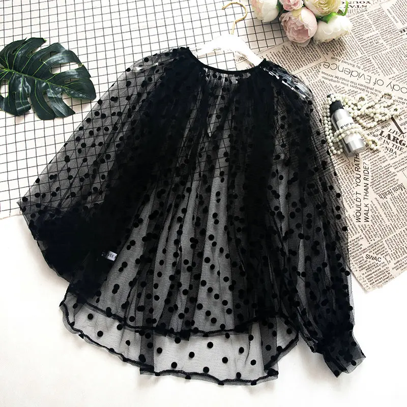 Women Shirt Женский пуловер с вышитыми кружевными цветами и рукавами-фонариками, Базовая рубашка из вуали в горошек, новая осенне-зимняя сетчатая блузка с круглым вырезом, топы - Цвет: Women Shirt