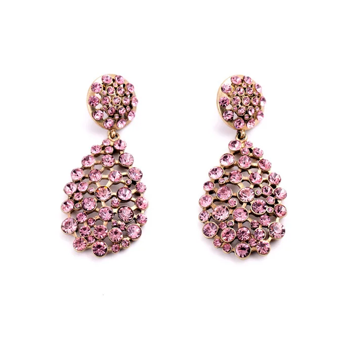 Большие серьги подвески ручной работы с блестящим кристаллом розового зеленого