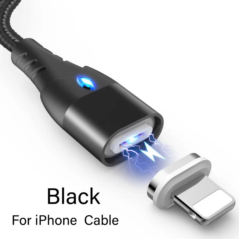 Магнитный кабель 3А для быстрой зарядки, usb-кабель для iphone XS, samsung, S9, зарядный внешний аккумулятор, кабель для мобильного телефона, Micro USB шнур - Цвет: For iPhone Black