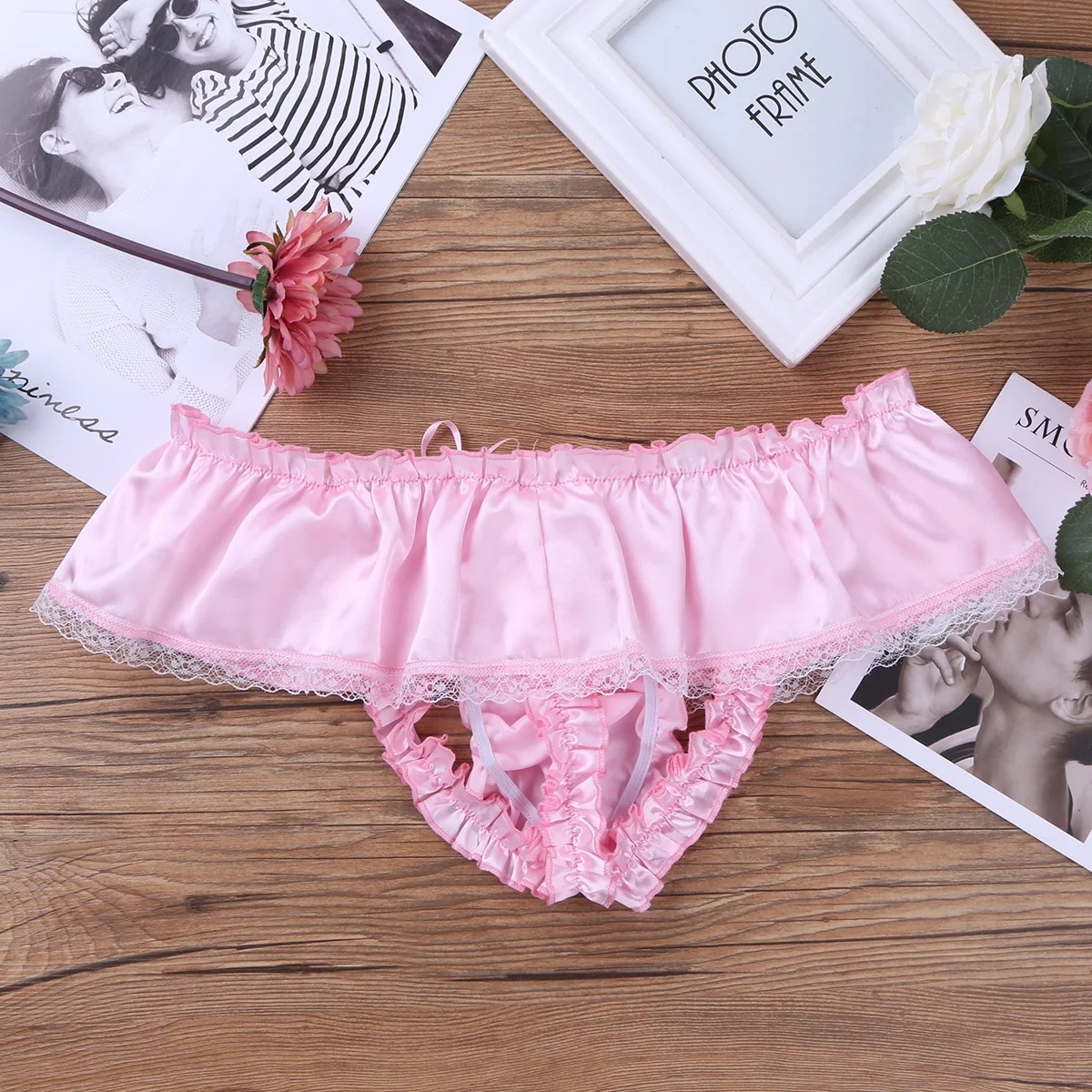 Pink Мягкая сатиновая юбка для Сисси, мужское бикини, нижнее белье, сексуальные трусы для геев, кружевные трусики с бантом и оборками, 3 бретельки, облегающие трусы, пляжная одежда - Цвет: Pink