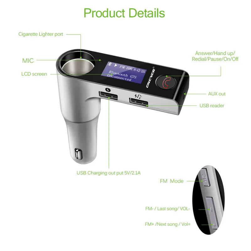 Onever Bluetooth FM передатчик модулятор 3.1A устройство для автомобиля с двумя портами USB