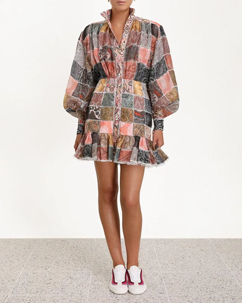 Мини платье с сексуальным принтом оборками клетчатыми рукавами фонариками