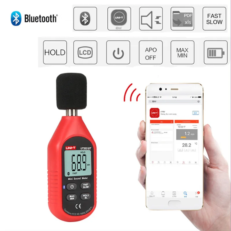 UNI T UT353BT Мини цифровой измеритель уровня звука Bluetooth децибел измеритель шума аудио детектор 30~ 130 дБ Удержание данных ЖК-дисплей подсветка IENV