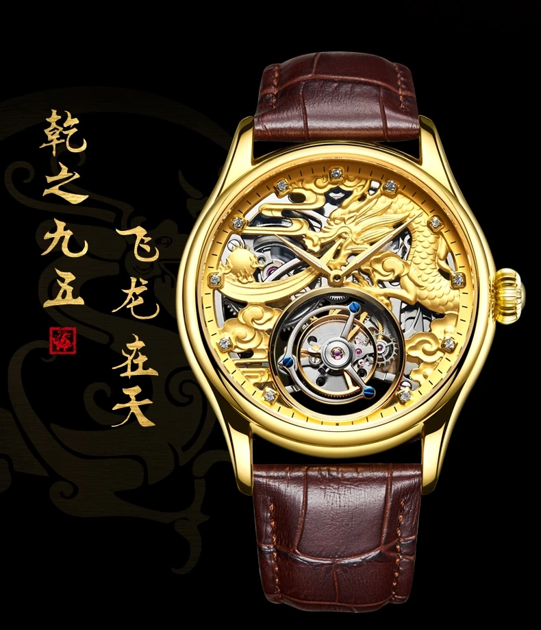 GUANQIN Швейцария Настоящее турбийон Зодиак Дракон Скелет механические часы мужские полые кожаный ремень серебро