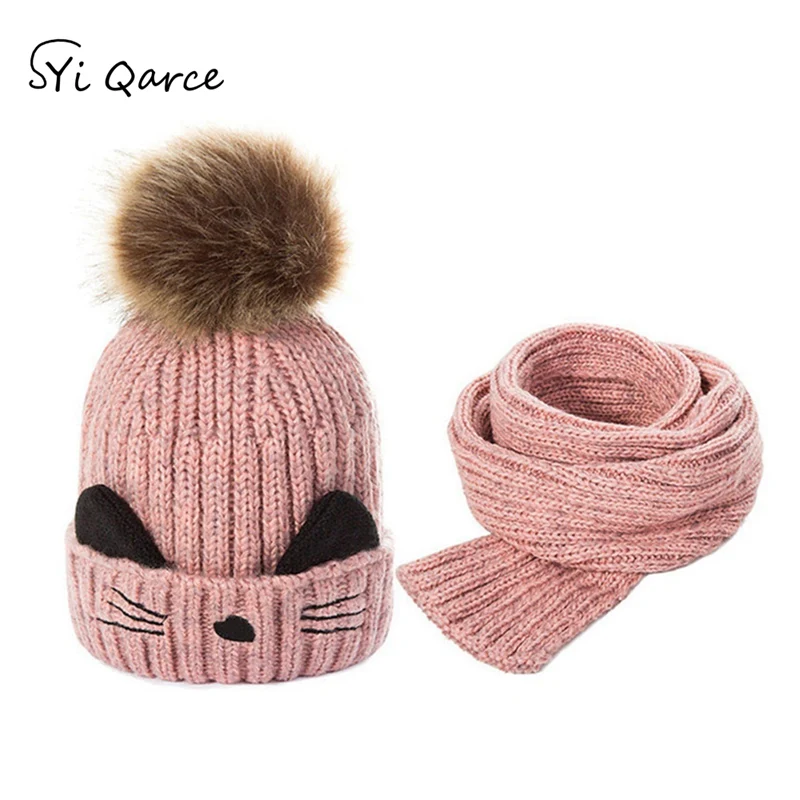 Pink SYi Qarce, комплект из 2 предметов, детская теплая осенне-зимняя вязаная шапка с шарфом, Skullies Beanies для мальчиков и девочек, рождественский подарок, NT034-40 - Цвет: Pink