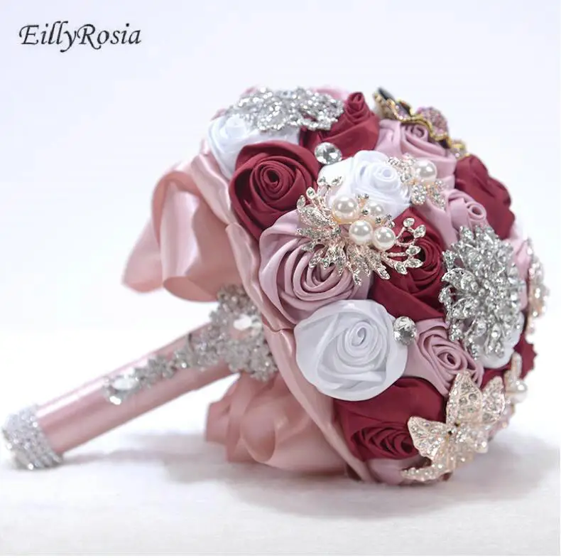 

Luxury Crystals Bridal Bouquets 14 Style Colorful Jewelry Satin Roses Rhinestons Silk Ribbon Wedding Flowers Bouquet Design New