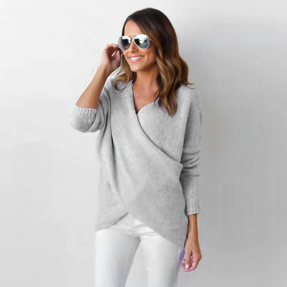 CHAMSGEND Womens Long V-Neck Sweater Cross Stitching Casual Knit Jumper Tops Se28 | Женская одежда