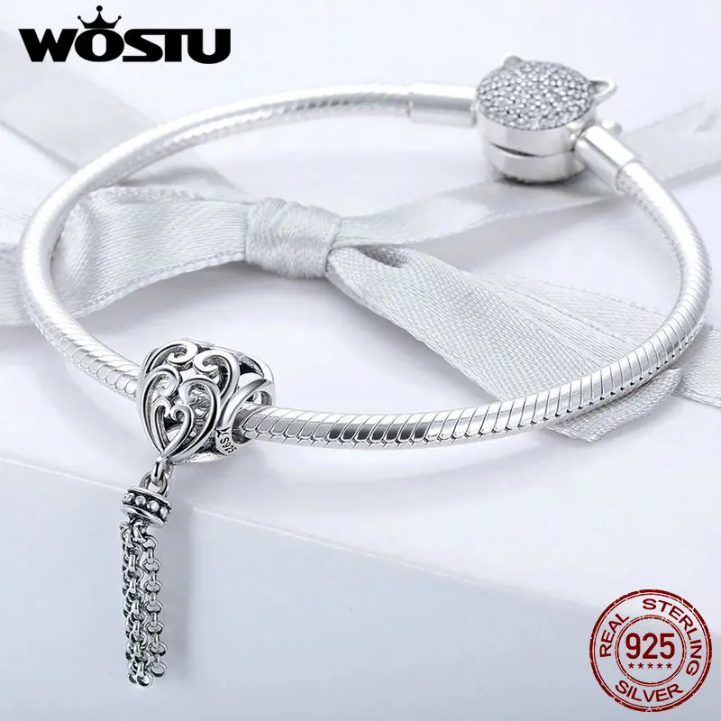 WOSTU Новое поступление 925 пробы серебро очарование с кисточкой-сердцем Шарм Подходит Сделай Сам браслет из бусин ювелирные изделия подарок FIC722