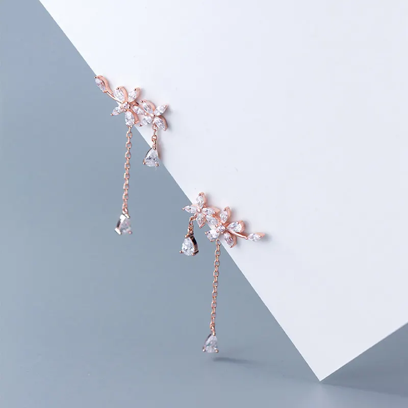 Rose Gold INZATT, настоящее 925 пробы, Серебряный цветок, циркон, капля, висячие серьги для женщин, элегантные кисточки, модные ювелирные изделия, розовое золото - Окраска металла: Rose Gold
