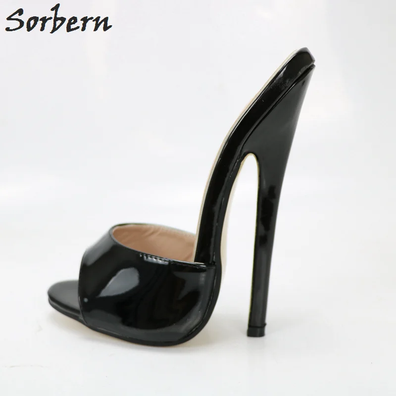 Black Shiny Sorbern/белые блестящие шлепанцы 18 см; женская летняя стильная обувь без застежки с открытым носком; женские шлепанцы на шпильке; обувь для подиума; женская обувь; - Цвет: Black Shiny