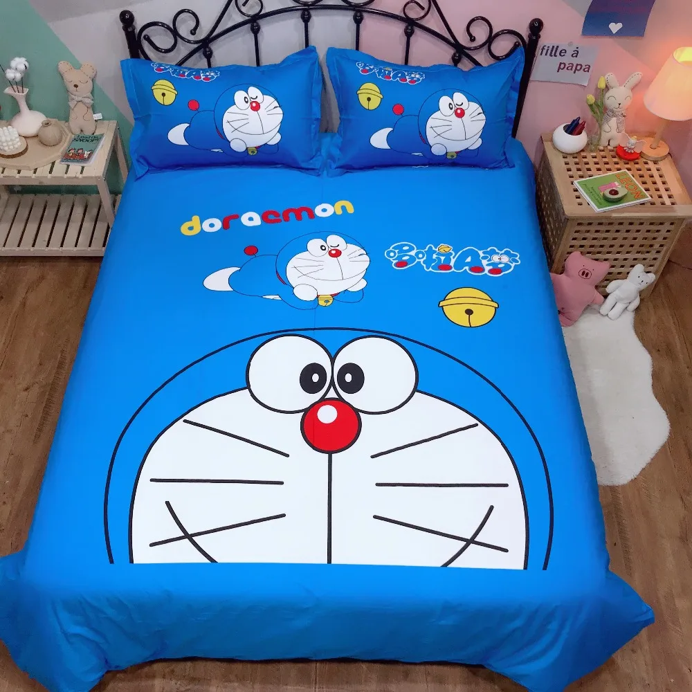 Постельное белье с аниме набор Doraemon Дети чистый хлопковое стеганное одеяло двойной королева король милый пододеяльник плоский лист музыка постельное белье