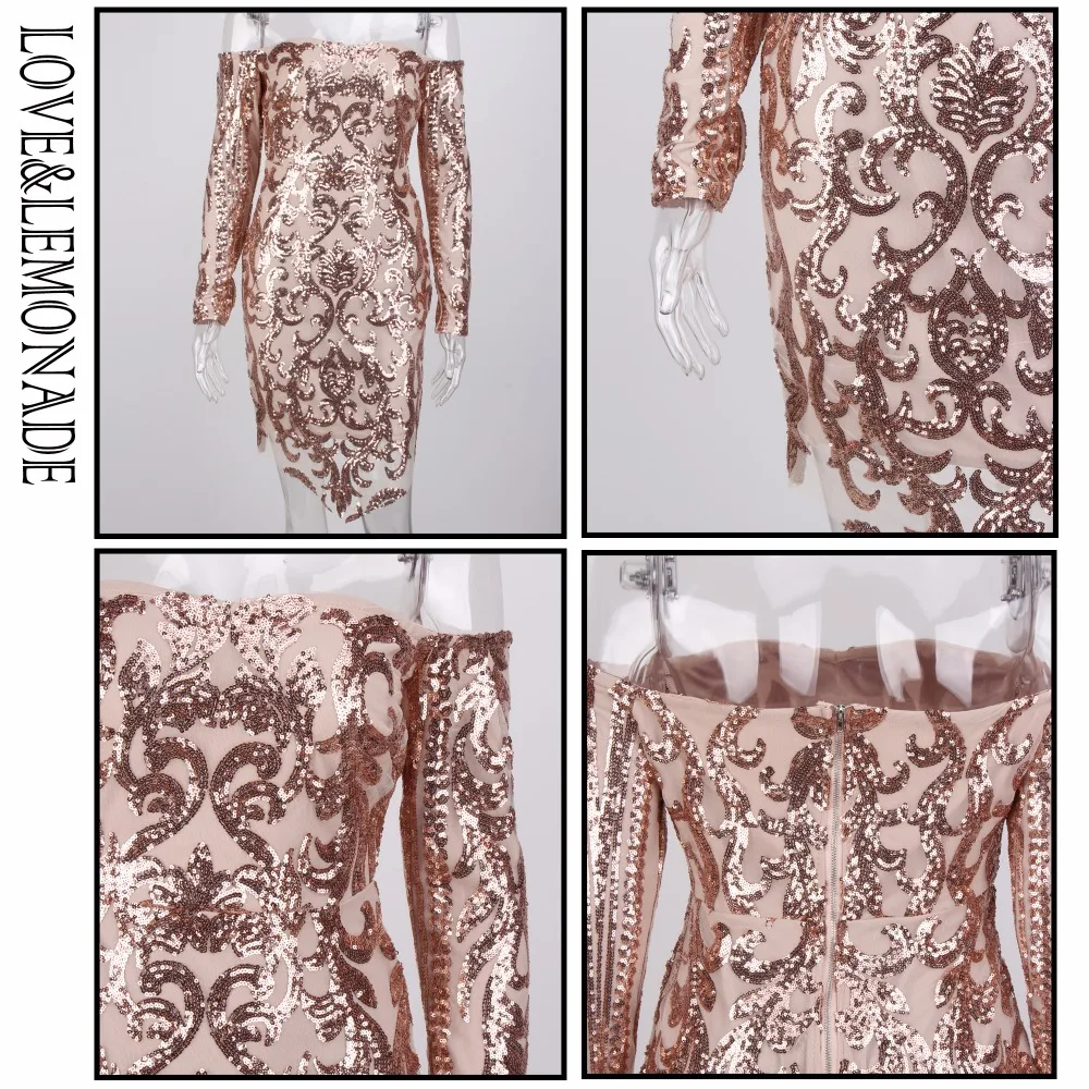 Платье LOVE & LEMONADE розовое золото без бретелек с геометрическим рисунком и