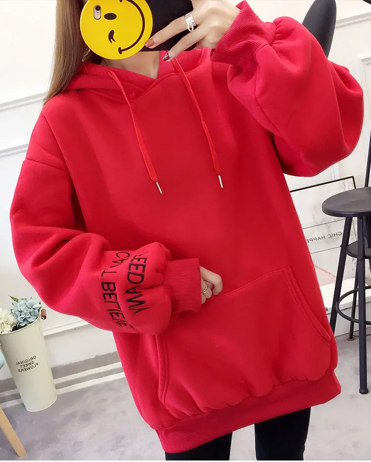 Женские толстовки, зимние, Harajuku, теплые, плюс бархат, свободные, трендовые, с буквенным принтом, с капюшоном, повседневные, с длинным рукавом, Женская толстовка, милая