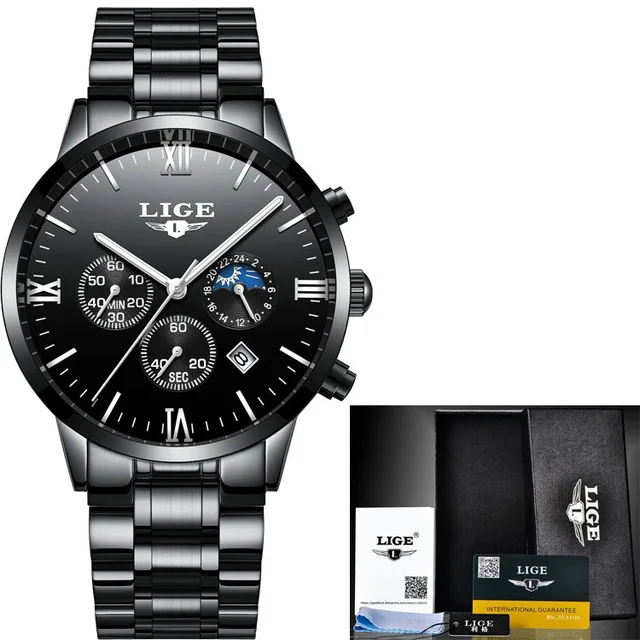 all black steel Relogio Masculino мужские часы Лидирующий бренд LIGE Роскошные Бизнес Кварцевые часы для мужчин стальной сетчатый ремешок повседневные водонепроницаемые спортивные часы - Цвет: all black steel