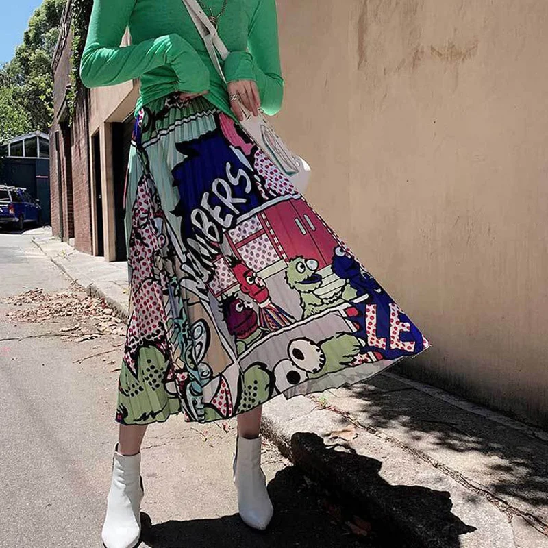 

2019 Europen Image Printing Pleated Skirt Women High Street Style Big Swing A-line Mid-Calf Christmas Skirts Jupe Femme