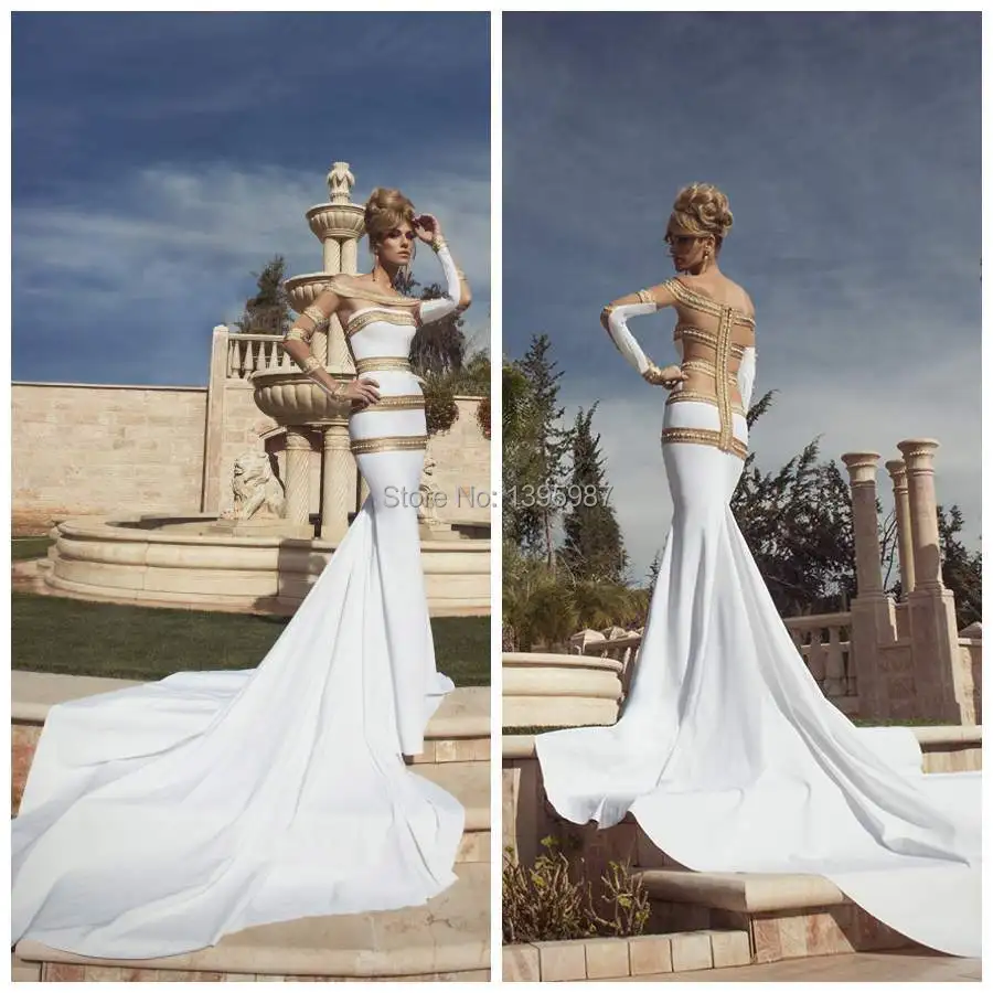 

Vestido De Noiva Luxury Design Sheer Mermaid Sexy Wedding Dresses With Pearls Chapel Train Soft Satin Bride Gowns BS001