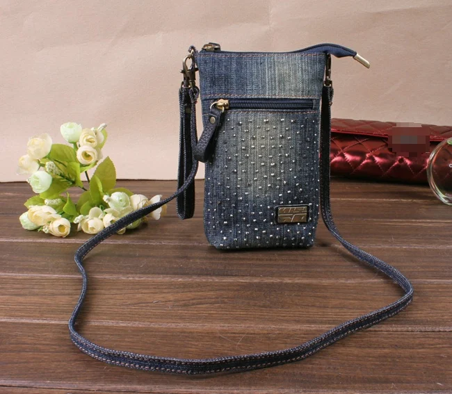 womens handmade blue jeans denim clutch handbag purse simple lovely design mobile phone pouch with handle+long shoulder strap |