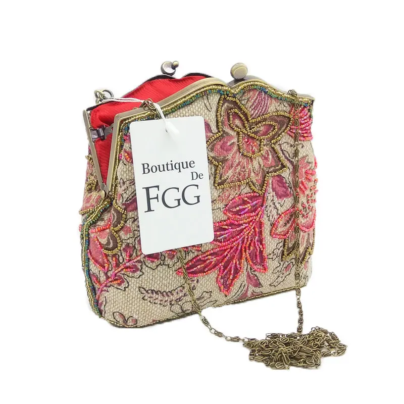 Boutique De FGG женский вечерний кошелек в китайском стиле с цветочной вышивкой, украшенный бисером, клатч с цветочным узором для невесты, сумка для свадебной вечеринки