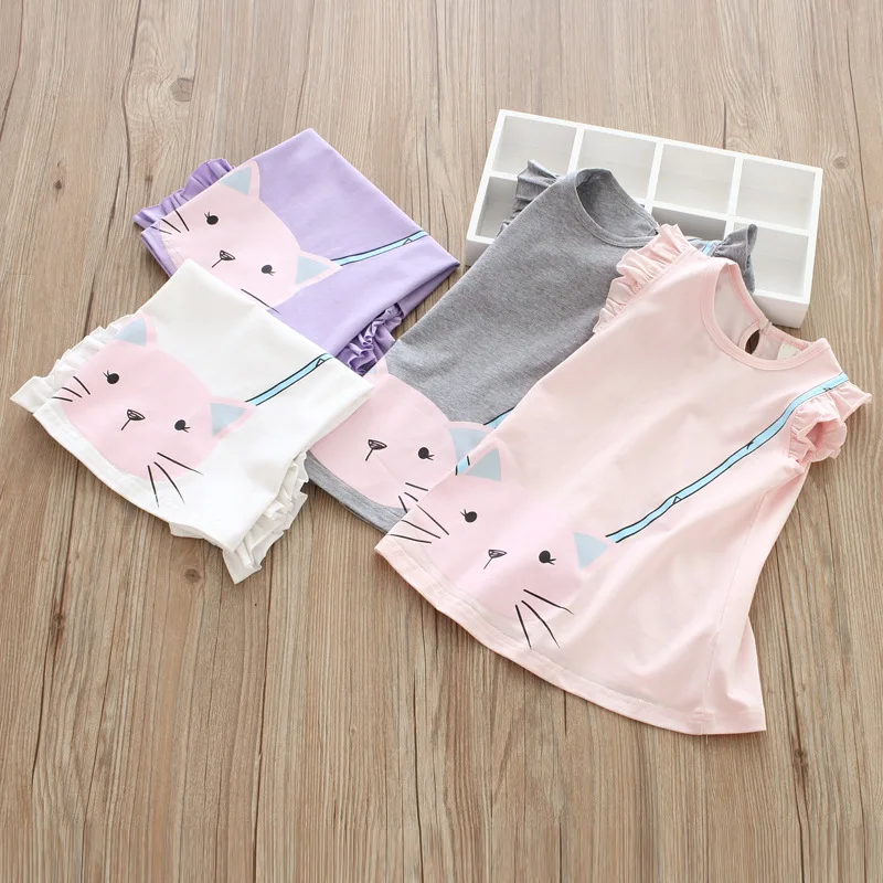 Summer children's wear wholesale girls cartoon big face cat backpack printed dress small flying sleeves cotton | Детская одежда и