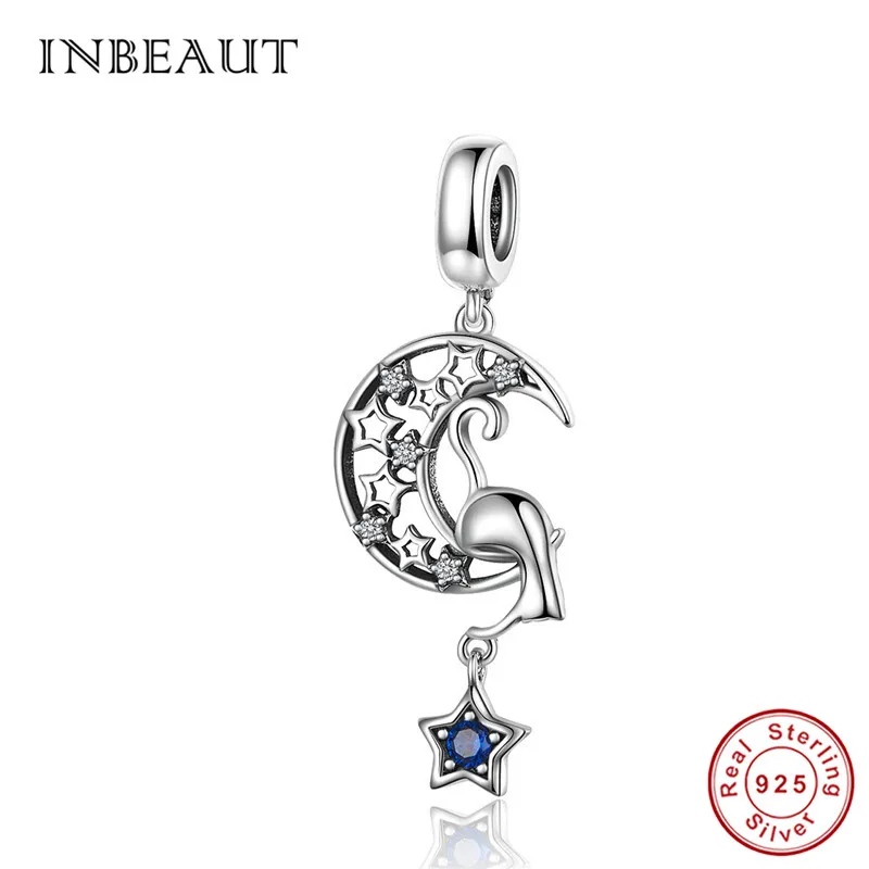 INBEAUT 100% настоящий 925 пробы Серебряный Синий Циркон Звезда Луна сонный Кот амулеты