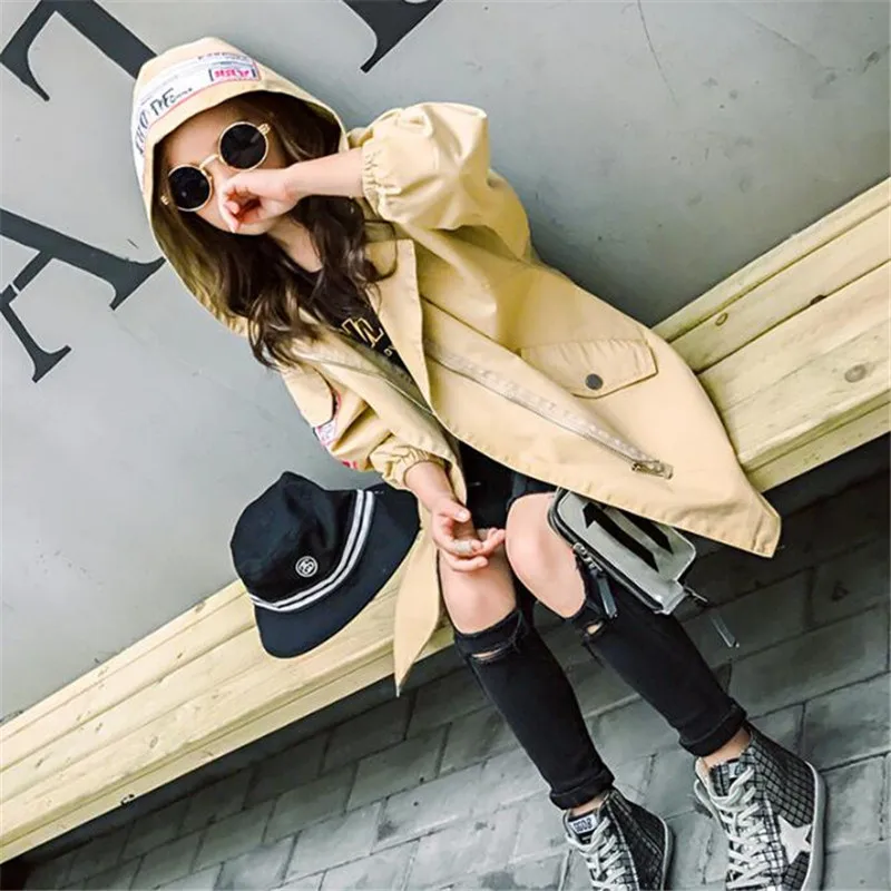 Новые детские куртки для девочек Весенняя Длинная ветровка с капюшоном пальто на