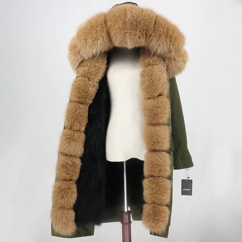 green black camel Зимняя куртка женская брендовая водонепроницаемая ткань верхняя одежда X-long Parka шуба из натурального Лисьего меха натуральный Лисий мех воротник капюшон уличная одежда Новинка - Цвет: green black camel