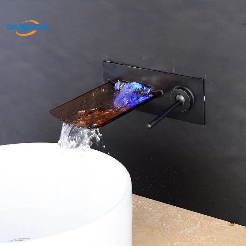 3 Color Change LED Wall Mounted Waterfall Glass Spout Oil Rubbed Bronze Finished Brass Bathroom Faucet Single Handle Mixer Tap |