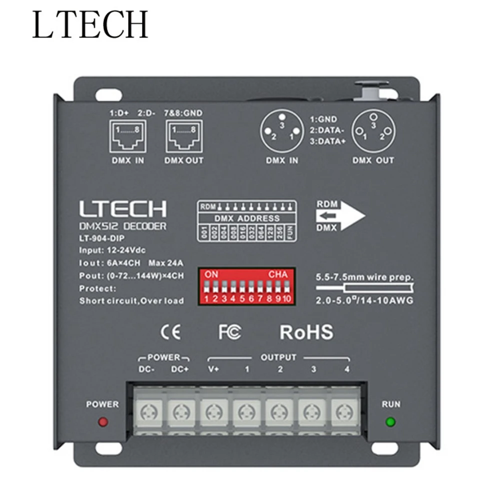 LTECH 4 Channel LED DMX Decoder LT-904-DIP 4CH CV Input 6A*4CH Max. 24A 576W Output XLR-3/RJ45 DC12V - 24V | Лампы и освещение