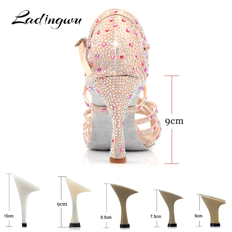 Ladingwu Dance Shoes Latin Women Big Small Red pomegranate Rhinestone Salsa Tango Dancing Wedding Cuba Heel 6-9cm | Спорт и