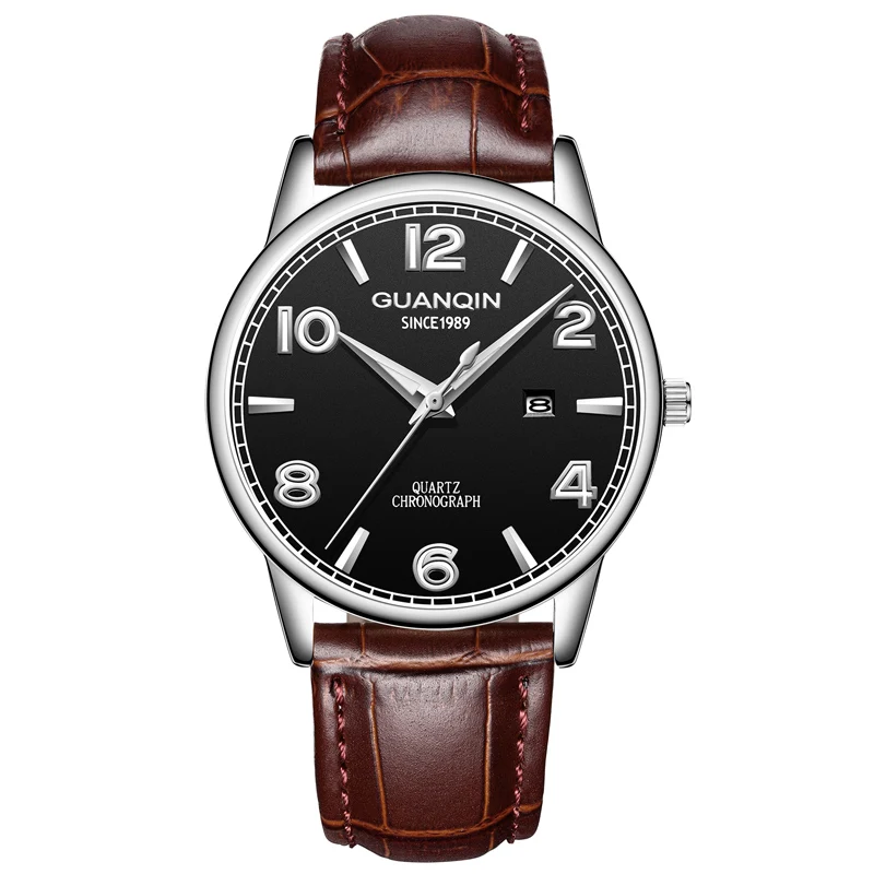 brown white black Relogio Masculino GUANQIN Модные мужские кварцевые часы Топ Роскошные простые Водонепроницаемые кожаные мужские часы Erkek Kol Saati - Цвет: brown white black