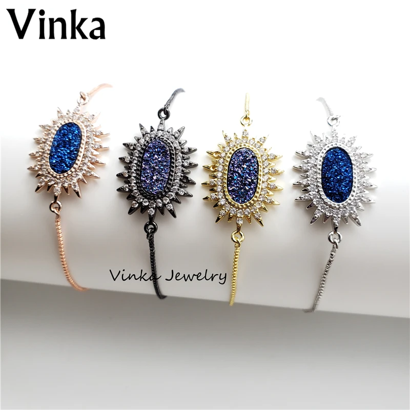 10Pcs/Lot 2018 New Wholesale Popular Natural Drusy &amp Cubic Zirconia Stone Charm Adjustable Bracelet for Women | Украшения и